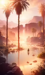 the landscape is filled with plants, rocks and palm trees