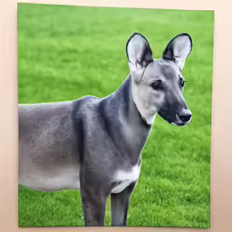 a large gray dog standing in a field of green grass
