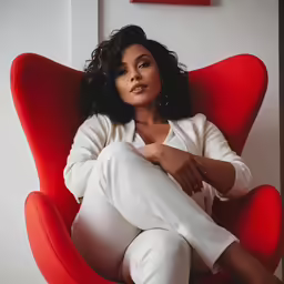 a woman sitting on top of a red chair