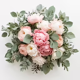 a bouquet of flowers with greens around them