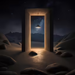 the entrance to nowhere is illuminated by the light of an open door