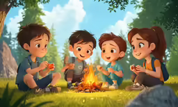 a family sits around the campfire as a man looks on