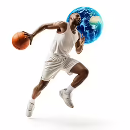 basketball player with ball running against white background