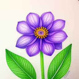 a purple flower is drawn on white paper,there is a drawing of a flower with leaves on it,a drawing of a purple flower and green leaves,a drawing of a purple flower with a green stem,a drawing of purple flower with green leaves on white paper