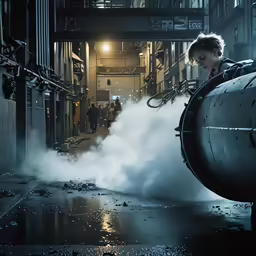 a man standing on a conveyor belt that is blowing steam