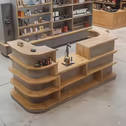 this is a shop display with shelves and bottles