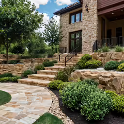 a large stone house with a garden below it