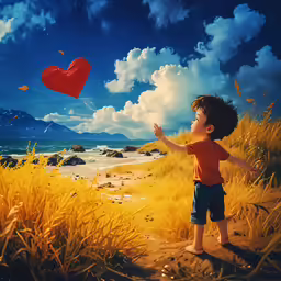 a young boy is flying a heart shaped kite on a windy day
