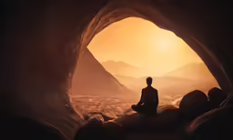 a person meditating in a cave with the setting sun shining in the distance