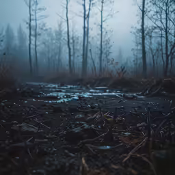 a muddy and forested path surrounded by bushes