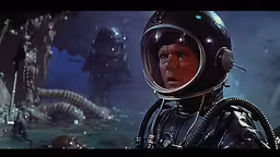 the science fiction scene is showing the man wearing an alien costume,a man in an astronaut suit next to a giant alien creature