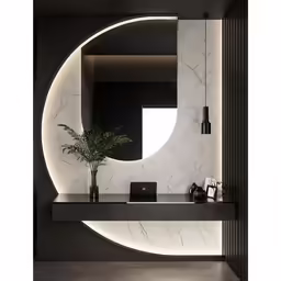 a bathroom with a white and black wall, a mirror and a plant
