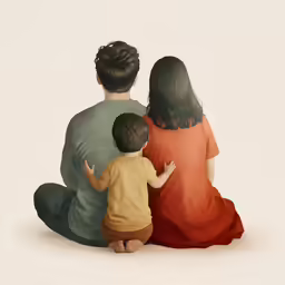 the two children are sitting on the floor looking down at their mother and father