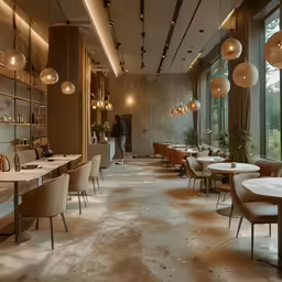 a large open kitchen with many dining tables