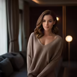 a woman with shoulder length curls wearing a sweater