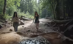 two girls are walking down a trail through the woods