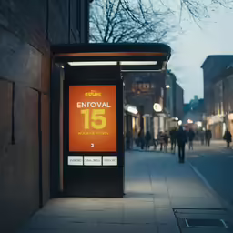 a bus stop with a sign on the side on a street