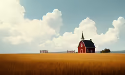 an old red barn in a field with a fence