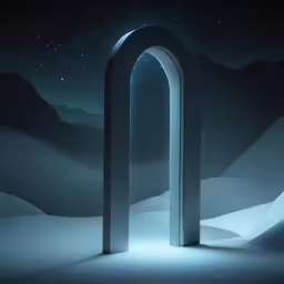 a white arch opens to a snowy background at night