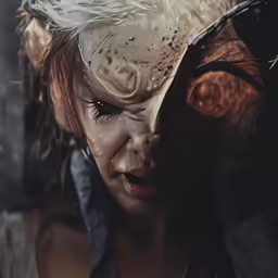 a girl with a large demon haircut on her head