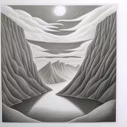 drawing on paper with a lake between mountains,a pencil drawing of the landscape at night with mountains in the background,an image of a painting that looks like a landscape,an artist drawing with a large mirror over a river,a landscape drawing with mountains and a body of water