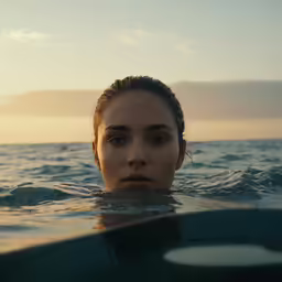 the woman is swimming in the ocean with a boat