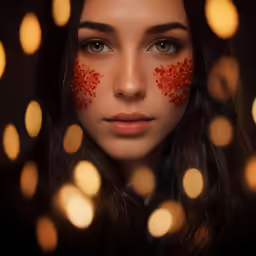 a young lady with her eyes covered in orange petals