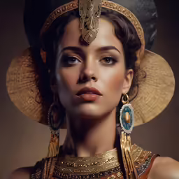 a portrait of a woman wearing a hat and gold jewelry