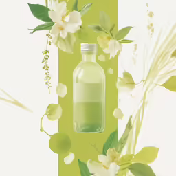 green apple juice is placed in front of flowers
