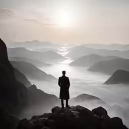 man standing on mountain top overlooking foggy mountains