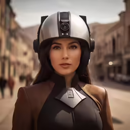 a woman wearing a gray helmet and brown jacket