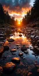 the sun setting over rocks in a river