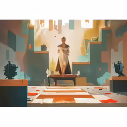 a man sitting on top of a wooden bench with an orange floor