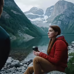 the lady is sitting on the rock beside the mountain lake