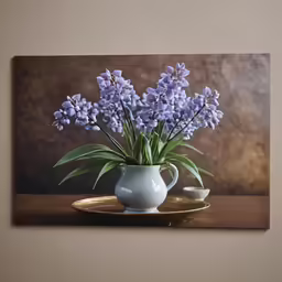 a vase with purple flowers sits on a tray