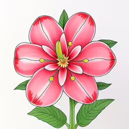 a pink flower with green leaves on a white surface,a painting of a pink flower with green leaves,a drawing of a pink flower with leaves,there is a drawing of a pink flower on the paper,a drawing of a big pink flower on paper
