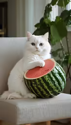 a white cat sitting on a couch with a watermelon slice