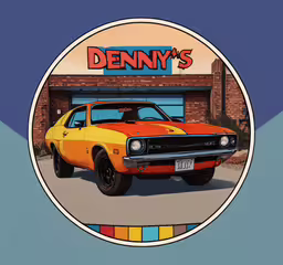 an orange car parked in front of a store,an orange and yellow muscle car is parked in front of the denny