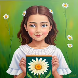 a portrait of a girl holding a plaque with flowers in the background