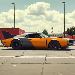 a car sitting in a parking lot with clouds in the background