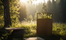 a green plant in a cardboard container by the ground