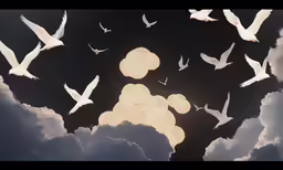 birds flying around in the sky above clouds