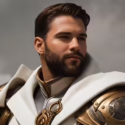 man with beard and full armor in cloudy sky