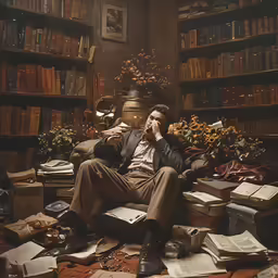 a man reading and sitting in a room full of books