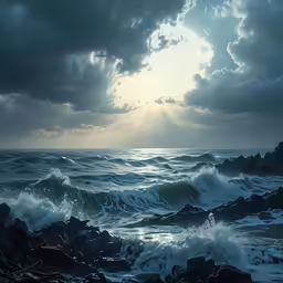 waves crashing on rocks in ocean with sun setting in sky