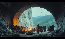 a man is looking out of a tunnel