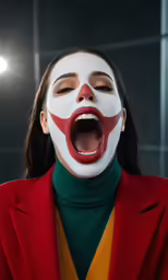 a woman is wearing a clown face mask