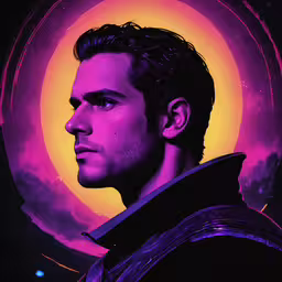 a man with a beard and a purple moon,a portrait of a young man looks into the distance