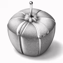 an apple sculpture in white with a ribbon around it