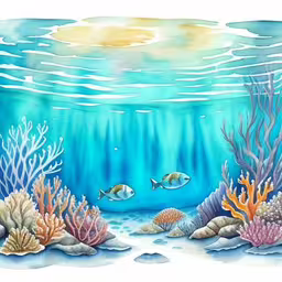 a large fish is swimming above a coral reef,a painting of a underwater scene with various seaweed and fish,two fish in the water among marine life,underwater scenery, with corals and seaweed,this is an underwater scene with fish